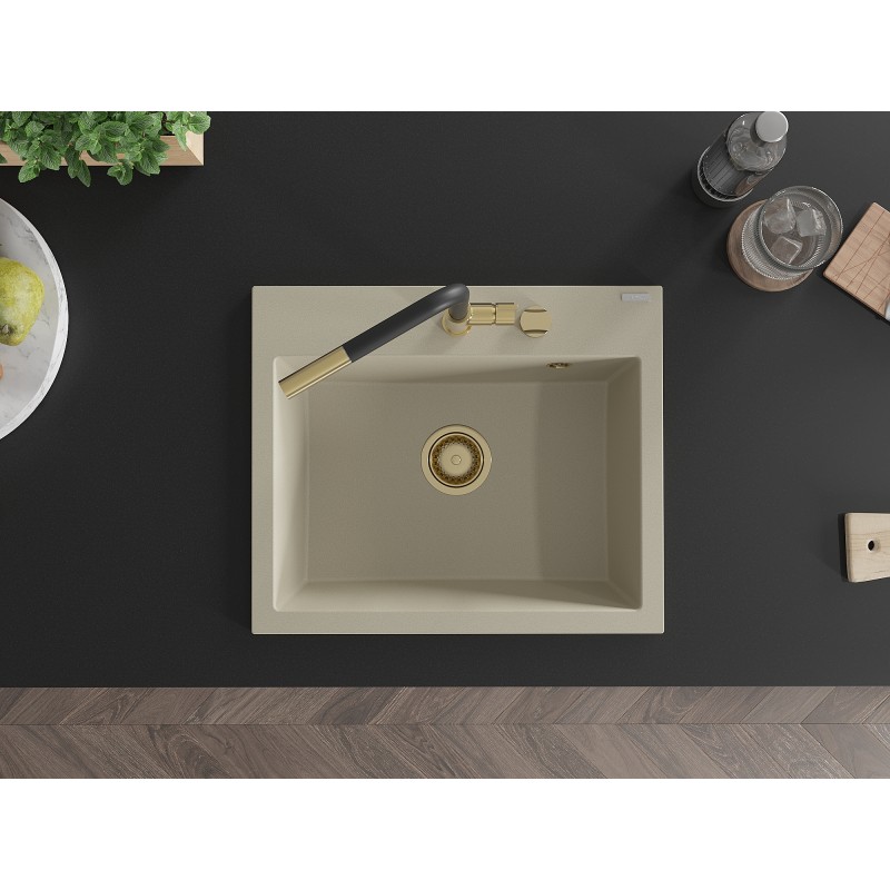 Mexen Oscar Granitspüle 1-Becken 580 x 490 mm, beige, goldener Siphon - 6519581000-69-G