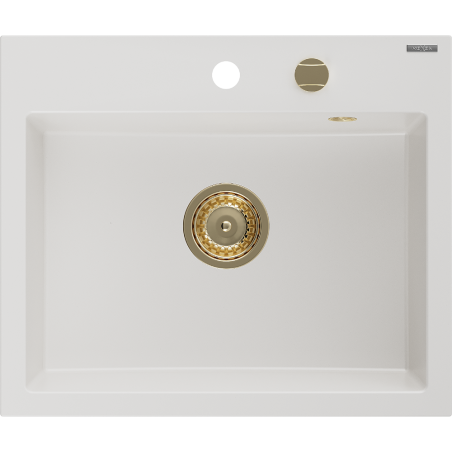 Mexen Oscar Granitspüle 1-becken 580 x 490 mm, weiß, goldener Siphon - 6519581000-20-G