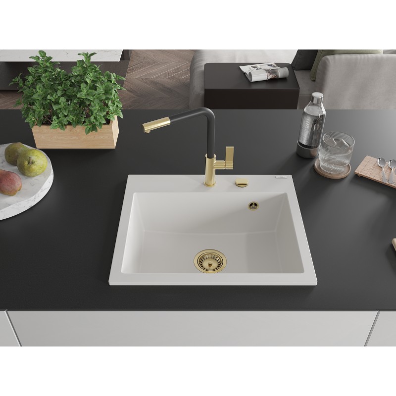 Mexen Oscar Granitspüle 1-becken 580 x 490 mm, weiß, goldener Siphon - 6519581000-20-G