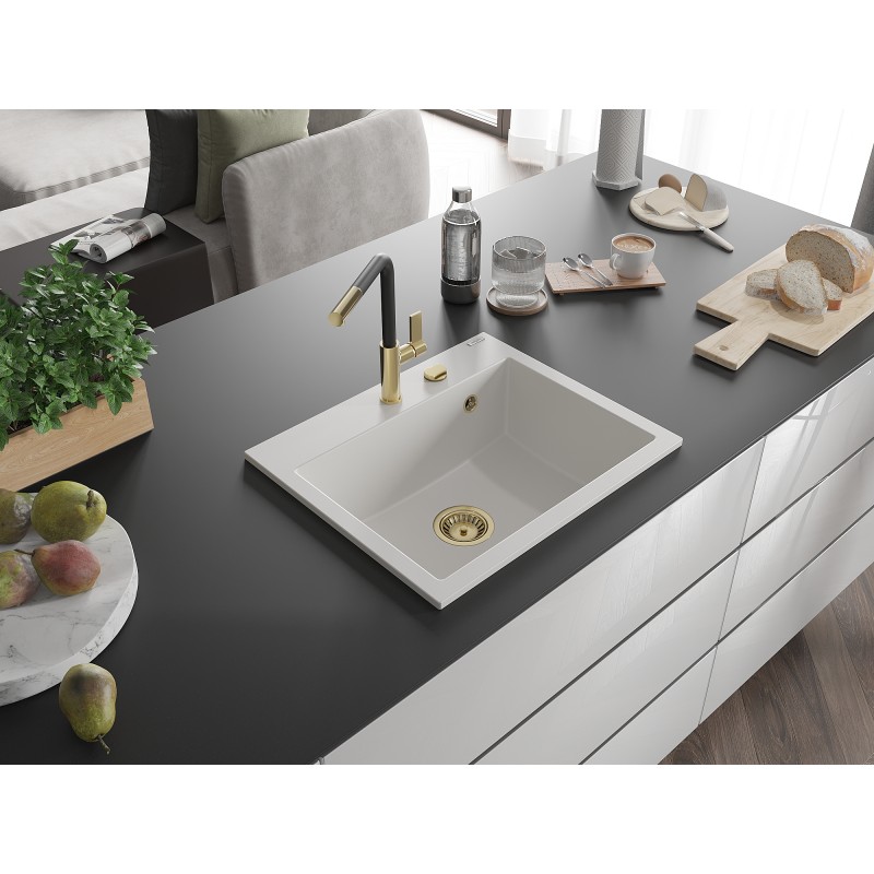 Mexen Oscar Granitspüle 1-becken 580 x 490 mm, weiß, goldener Siphon - 6519581000-20-G