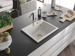 Mexen Oscar Granitspüle 1-becken 580 x 490 mm, weiß, goldener Siphon - 6519581000-20-G