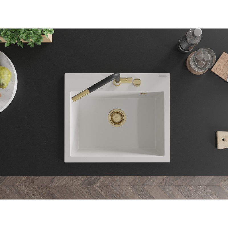 Mexen Oscar Granitspüle 1-becken 580 x 490 mm, weiß, goldener Siphon - 6519581000-20-G
