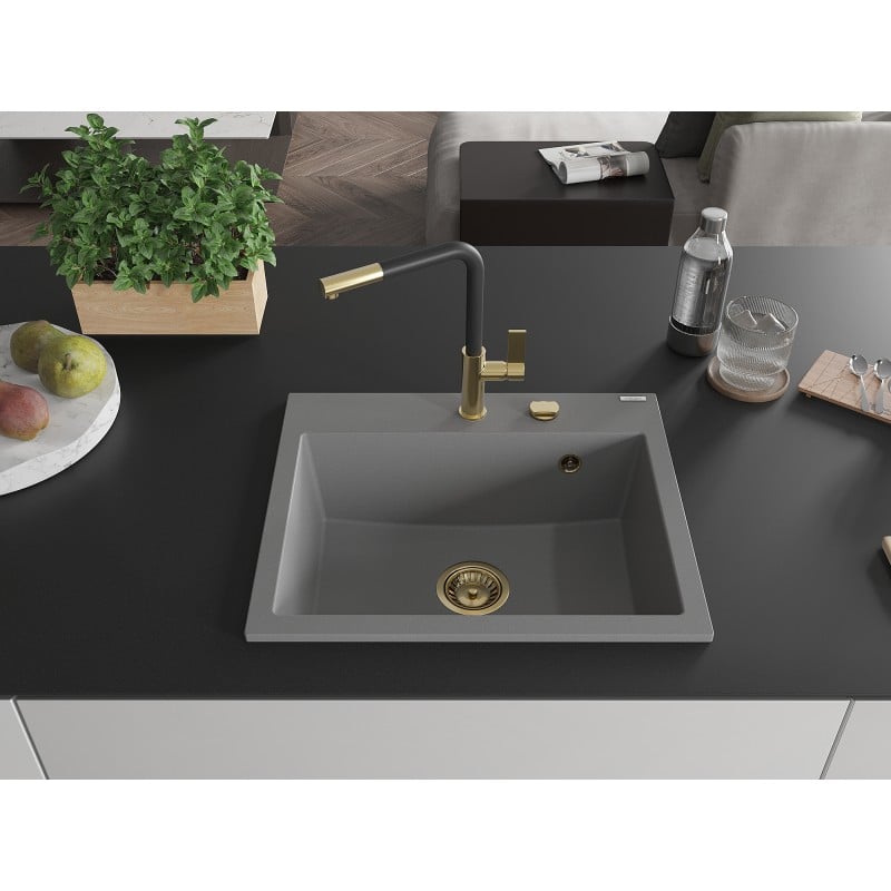 Mexen Oscar 1-Wege-Großraumspüle 580 x 490 mm, grau, Siphon goldfarben - 6519581000-71-G