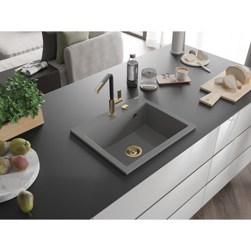 Mexen Oscar 1-Wege-Großraumspüle 580 x 490 mm, grau, Siphon goldfarben - 6519581000-71-G