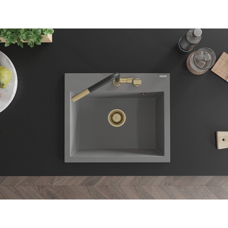 Mexen Oscar 1-Wege-Großraumspüle 580 x 490 mm, grau, Siphon goldfarben - 6519581000-71-G