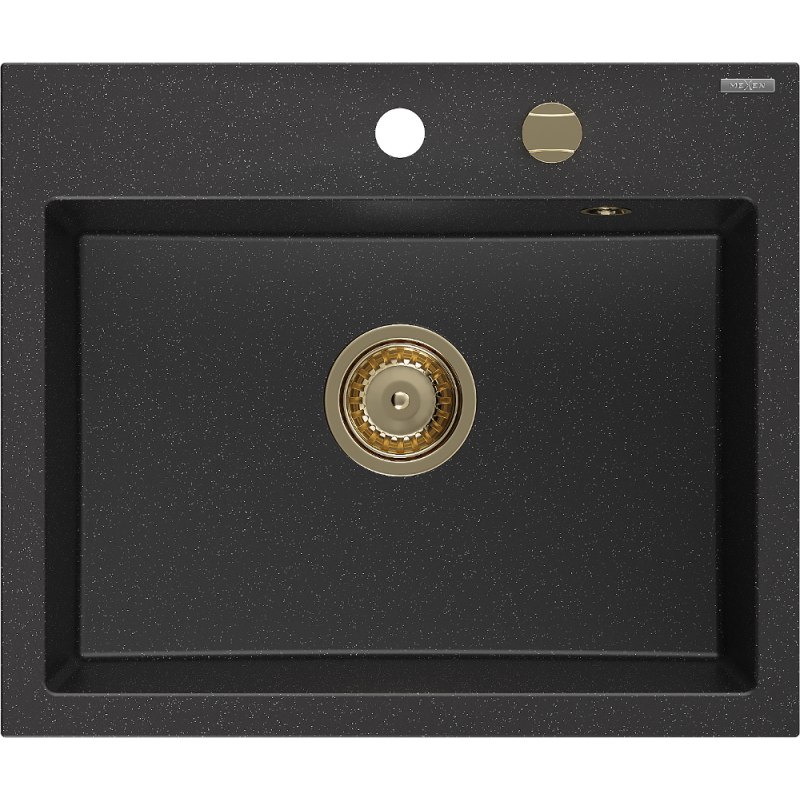 Mexen Oscar Granitspüle 1-Becken 580 x 490 mm, schwarz/silber metallic, goldener Siphon - 6519581000-73-G