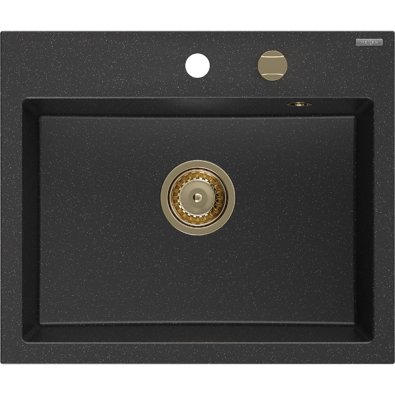 Mexen Oscar Granitspüle 1-Schüssel 580 x 490 mm, schwarz/silber metallic, goldener Siphon - 6519581000-73-G