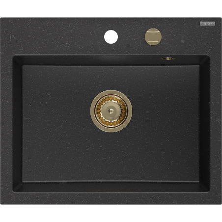 Mexen Oscar Granitspüle 1-Becken 580 x 490 mm, schwarz/silber metallic, goldener Siphon - 6519581000-73-G