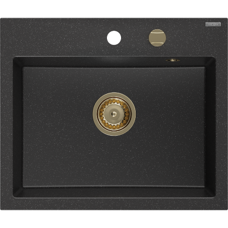 Mexen Oscar Granitspüle 1-Schüssel 580 x 490 mm, schwarz/silber metallic, goldener Siphon - 6519581000-73-G