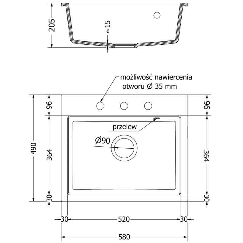 Mexen Oscar Granitspüle 1-Kammer 580 x 490 mm, schwarz/golden metallic, goldener Siphon - 6519581000-75-G