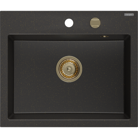 Mexen Oscar Granitspüle 1-beckig 580 x 490 mm, schwarz/gold metallic, goldener Siphon - 6519581000-75-G