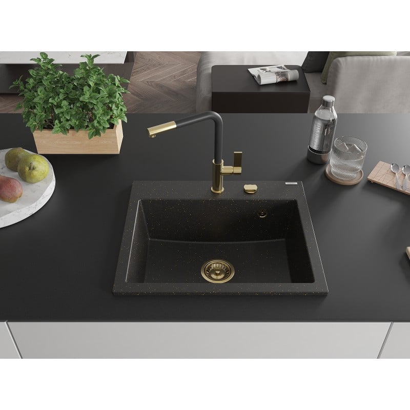 Mexen Oscar Granitspüle 1-beckig 580 x 490 mm, schwarz/gold metallic, goldener Siphon - 6519581000-75-G