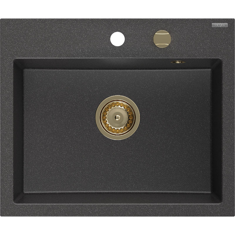 Mexen Oscar Granitspüle 1-becken 580 x 490 mm, schwarz gesprenkelt, goldener Siphon - 6519581000-76-G