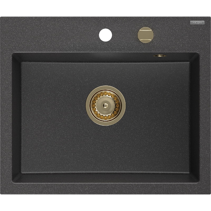 Mexen Oscar Granitspüle 1-beckig 580 x 490 mm, schwarz gesprenkelt, goldener Siphon - 6519581000-76-G