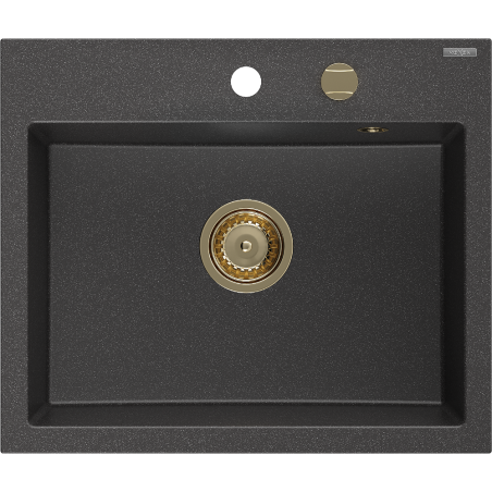 Mexen Oscar Granitspüle 1-becken 580 x 490 mm, schwarz gesprenkelt, goldener Siphon - 6519581000-76-G
