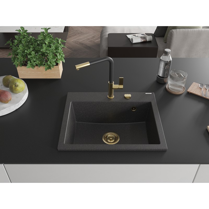 Mexen Oscar Granitspüle 1-becken 580 x 490 mm, schwarz gesprenkelt, goldener Siphon - 6519581000-76-G