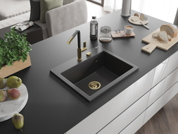 Mexen Oscar Granitspüle 1-becken 580 x 490 mm, schwarz gesprenkelt, goldener Siphon - 6519581000-76-G