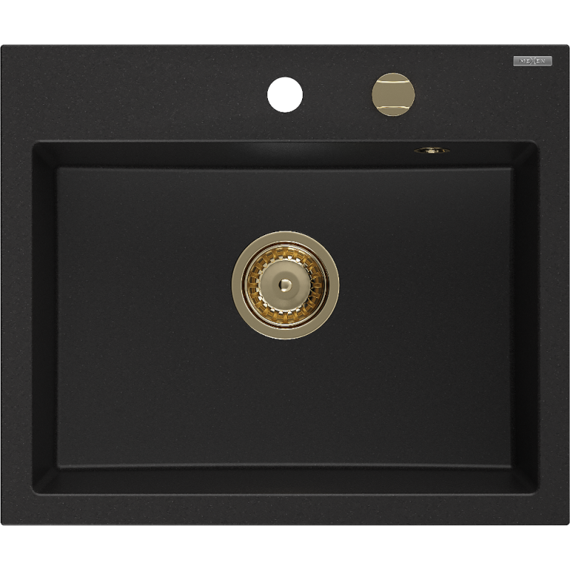 Mexen Oscar Granitspüle 1-beckig 580 x 490 mm, schwarz, goldener Siphon - 6519581000-77-G
