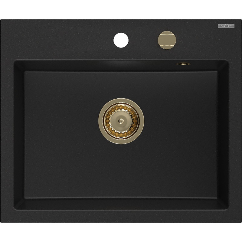 Mexen Oscar Granitspüle ein Becken 580 x 490 mm, schwarz, goldener Siphon - 6519581000-77-G