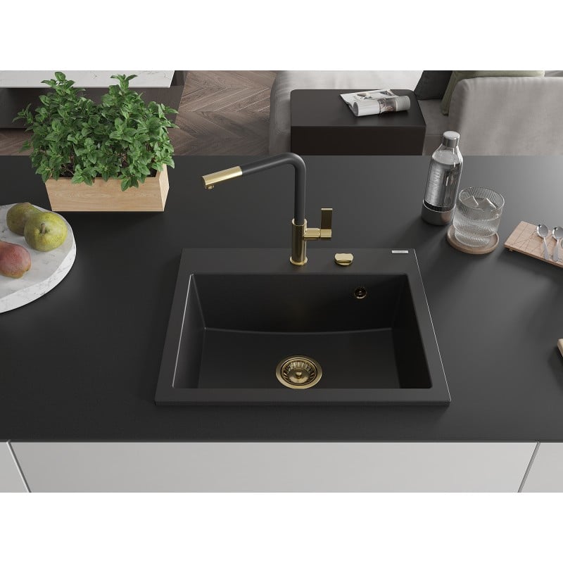 Mexen Oscar Granitspüle 1-beckig 580 x 490 mm, schwarz, goldener Siphon - 6519581000-77-G