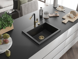 Mexen Oscar Granitspüle 1-beckig 580 x 490 mm, schwarz, goldener Siphon - 6519581000-77-G