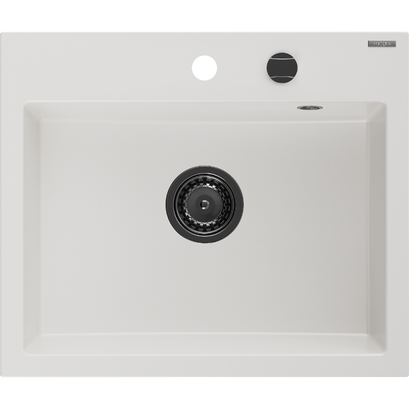 Mexen Oscar Granitspüle 1-Becken 580 x 490 mm, weiß, schwarzer Siphon - 6519581000-20-B