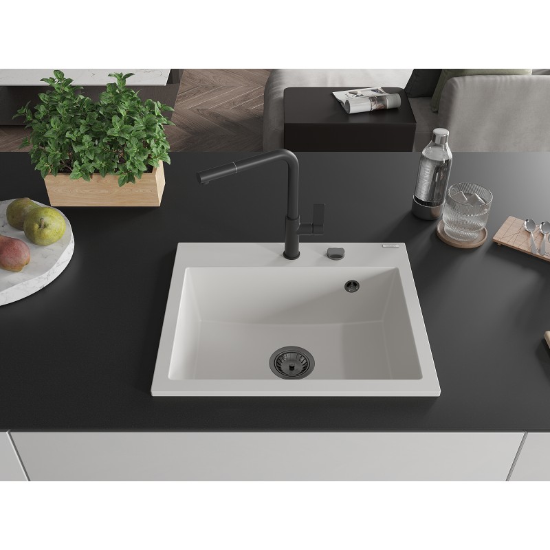 Mexen Oscar Granitspüle 1-Becken 580 x 490 mm, weiß, schwarzer Siphon - 6519581000-20-B