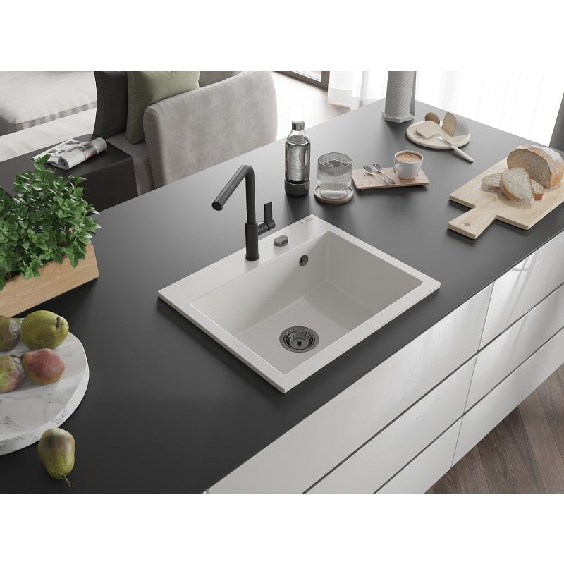 Mexen Oscar Granitspüle 1-Becken 580 x 490 mm, weiß, schwarzer Siphon - 6519581000-20-B