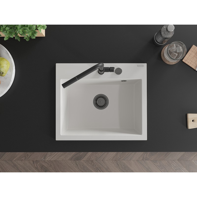 Mexen Oscar Granitspüle 1-Becken 580 x 490 mm, weiß, schwarzer Siphon - 6519581000-20-B