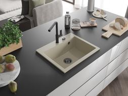 Mexen Oscar Granitspüle 1-Becken 580 x 490 mm, beige, schwarzer Siphon - 6519581000-69-B