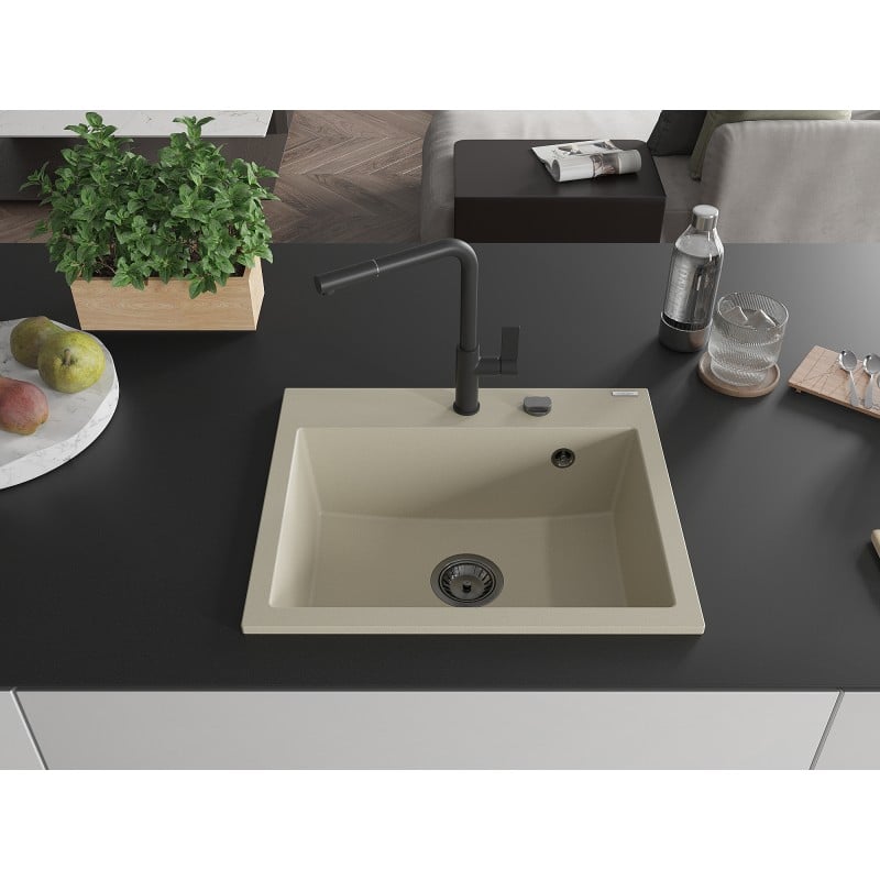 Mexen Oscar Granitspüle 1-Becken 580 x 490 mm, beige, schwarzer Siphon - 6519581000-69-B