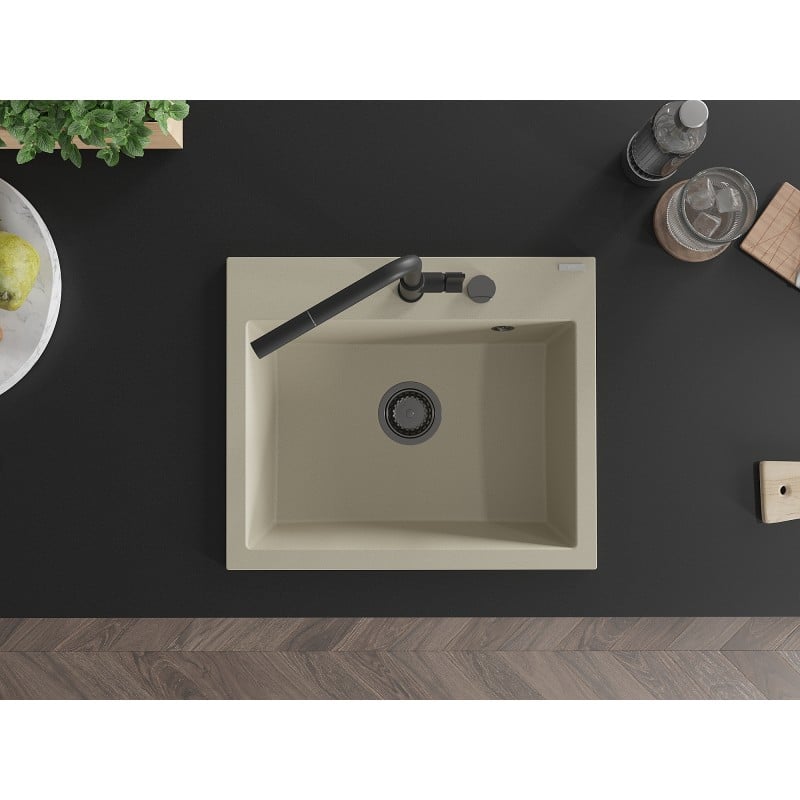 Mexen Oscar Granitspüle 1-Becken 580 x 490 mm, beige, schwarzer Siphon - 6519581000-69-B