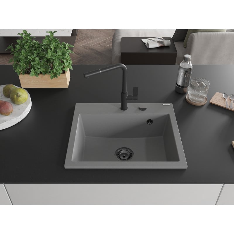 Mexen Oscar Granitspüle 1-Becken 580 x 490 mm, grau, schwarzer Siphon - 6519581000-71-B