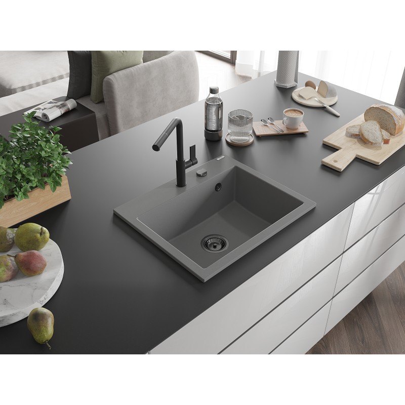 Mexen Oscar Granitspüle 1-Becken 580 x 490 mm, grau, schwarzer Siphon - 6519581000-71-B