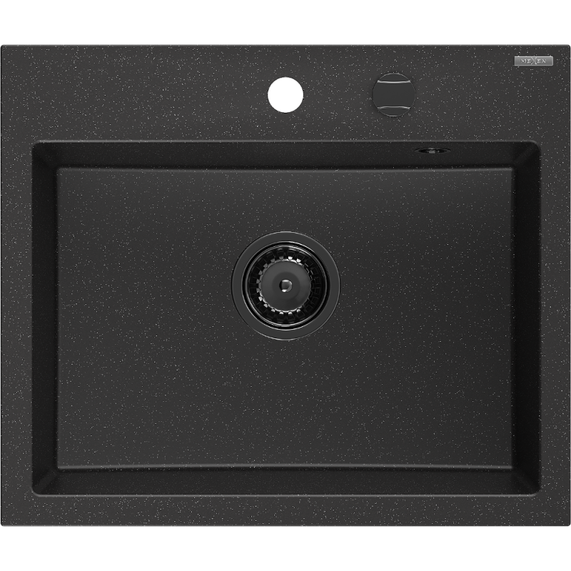Mexen Oscar Granitspüle 1-becken 580 x 490 mm, schwarz/silber metallic, schwarzer Siphon - 6519581000-73-B