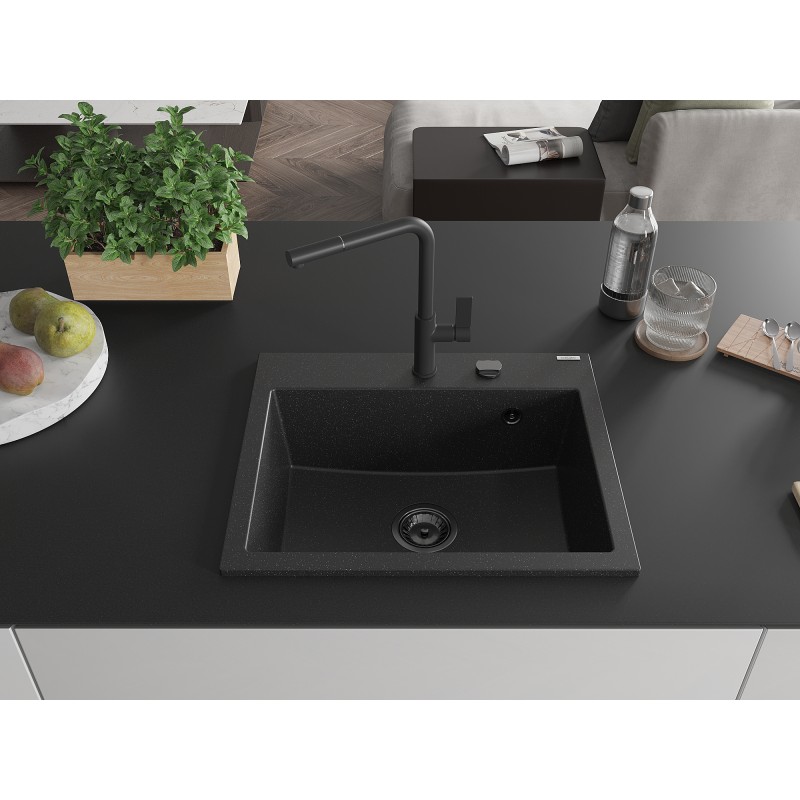 Mexen Oscar Granitspüle 1-becken 580 x 490 mm, schwarz/silber metallic, schwarzer Siphon - 6519581000-73-B