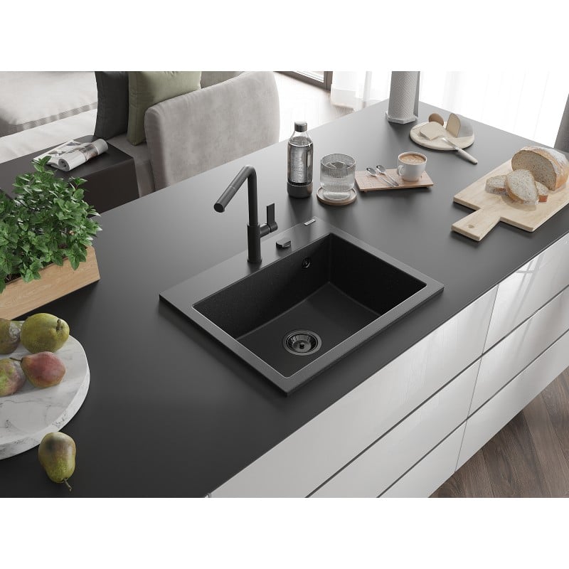 Mexen Oscar Granitspüle 1-becken 580 x 490 mm, schwarz/silber metallic, schwarzer Siphon - 6519581000-73-B