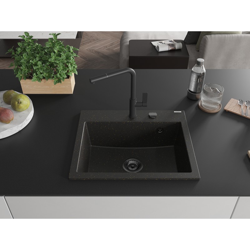 Mexen Oscar Granitspüle 1-Kammer 580 x 490 mm, schwarz/gold metallic, schwarzer Siphon - 6519581000-75-B