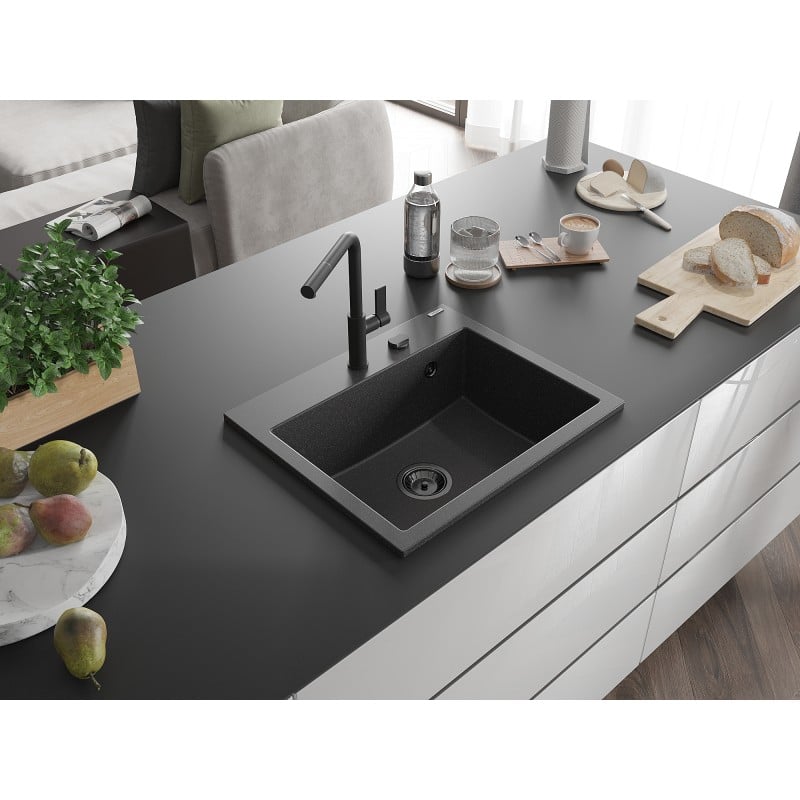 Mexen Oscar Granitspüle 1-Becken 580 x 490 mm, schwarz gesprenkelt, schwarzer Siphon - 6519581000-76-B