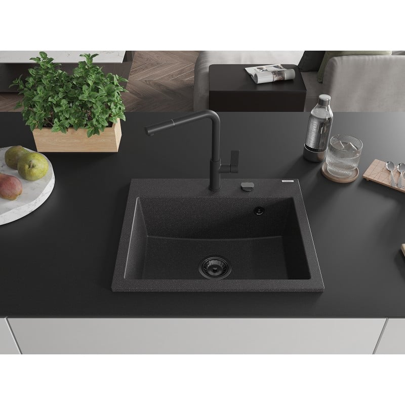 Mexen Oscar Granitspüle 1-Becken 580 x 490 mm, schwarz gesprenkelt, schwarzer Siphon - 6519581000-76-B