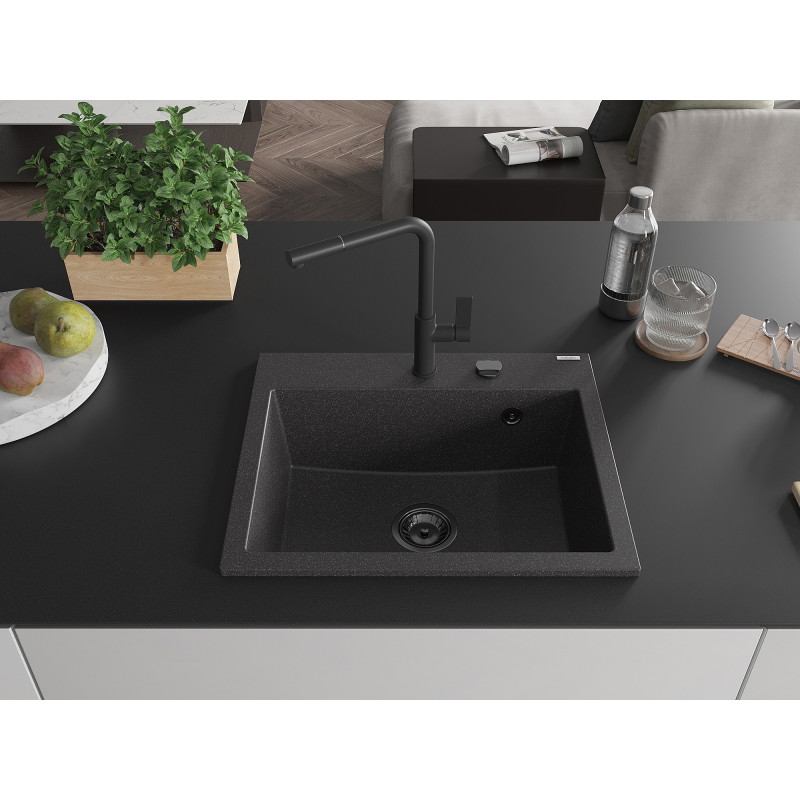 Mexen Oscar Granitspüle 1-beckig 580 x 490 mm, schwarz gesprenkelt, schwarzer Siphon - 6519581000-76-B