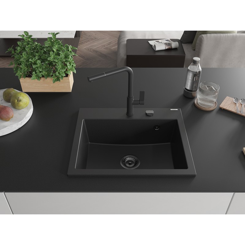 Mexen Oscar Granitspüle 1 Becken 580 x 490 mm, schwarz, schwarzer Siphon - 6519581000-77-B