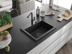 Mexen Oscar Granitspüle 1 Becken 580 x 490 mm, schwarz, schwarzer Siphon - 6519581000-77-B