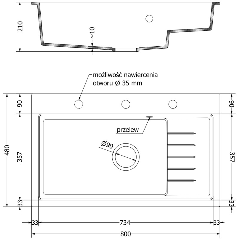 Mexen Omar Granitspüle 1-beckig 800 x 480 mm, weiß, Chrom-Siphon - 6520801005-20