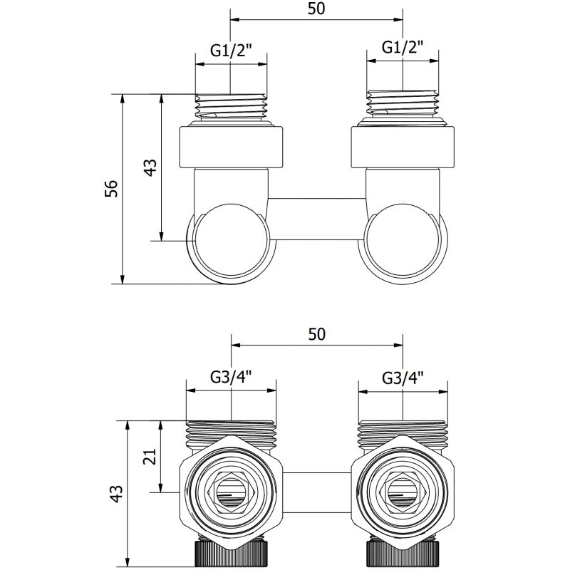 Mexen Uni-Term Heizkörperventil zweirohr DN50, Eck 1/2"x3/4", Nickel - W911-012-01