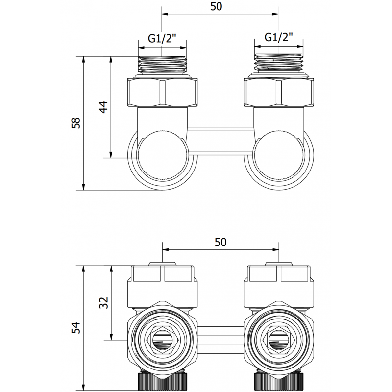 Mexen Uni-Term Zweirohr-Heizkörperventil DN50, Eckform 1/2"x16 mm, Nickel - W911-016-01