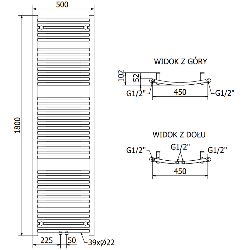 Mexen Ares Badezimmerheizkörper 1800 x 500 mm, 647 W, Chrom - W102-1800-500-00-01