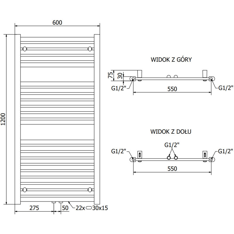 Mexen Hades Badezimmerheizkörper 1200 x 600 mm, 527 W, Chrom - W104-1200-600-00-01