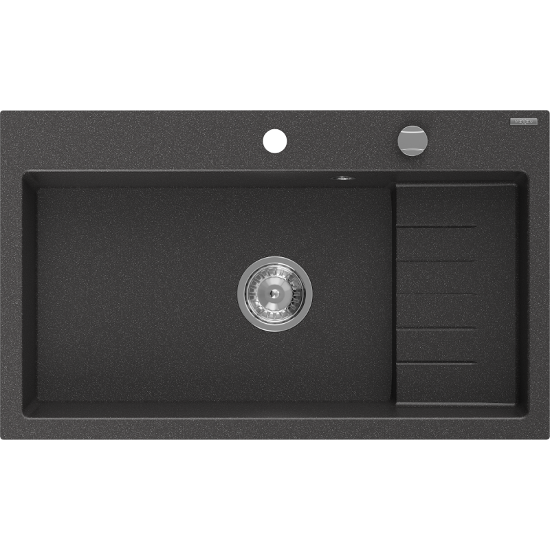 Mexen Omar Granitspüle 1-Becken 800 x 480 mm, schwarz gesprenkelt, Chrom-Siphon - 6520801005-76