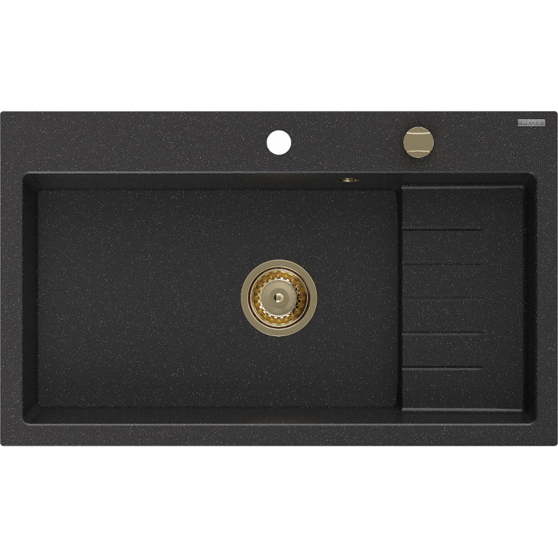 Mexen Omar Granitspüle 1-Kammer 800 x 480 mm, schwarz/silber metallic, goldener Siphon - 6520801005-73-G